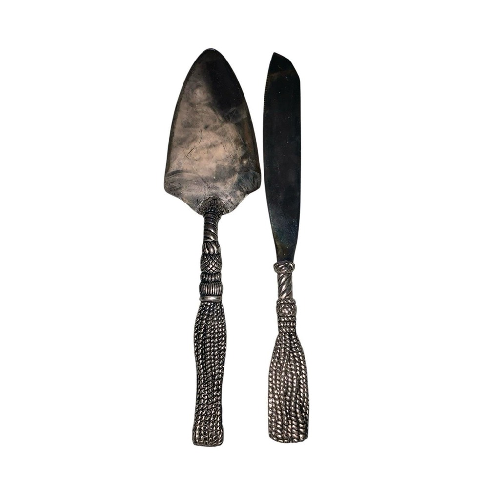 Vintage Set Of Cake Server And Cake Knife Silea Tassel Rope Design Silver Plate